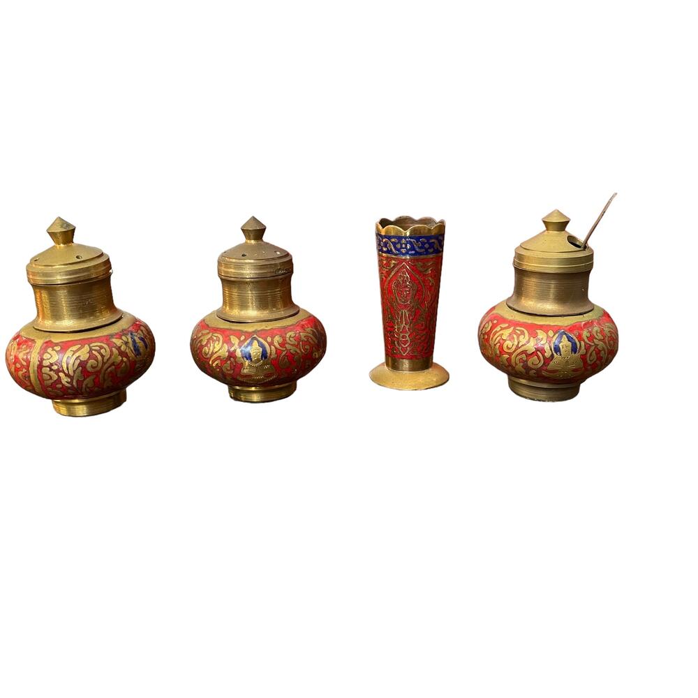 Vintage Brass Enamel Salt Pepper Asian Condiment Set Mid Century Thai Red Gold